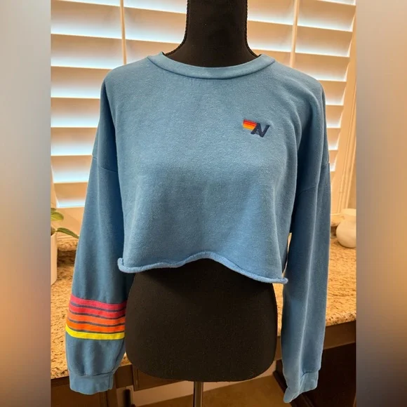 NWT Aviator Nation | RUGBY CROPPED CREW SWEATSHIRT | Cobalt/ Neon | Size S - Picture 4 of 8